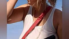 Mature blonde big tits solo beach pose