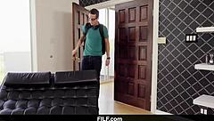 lily lane catches guy jerking off in kitchen yoga