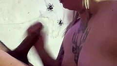 blonde with huge tits deepthroats black cock homemade