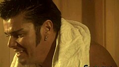 busty girlfriend pussy licked wildly in sauna