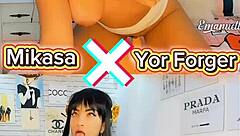 yor forger x mikasa cosplay babes, which one's naughtier begging for cock?