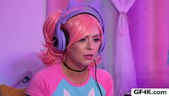 small tits girlfriends threesome fuck during games