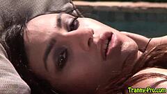 drunk tranny hooker masturbates poolside drinks spunk