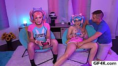 small tits girlfriends threesome fuck during games