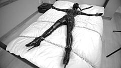 latina slave bound in latex bed endures vibrating machine orgasm torment