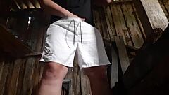 village brunette masturbates secretly in barn clothes on