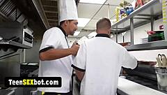 Cute blonde teen waitress gangbanged by staff in wild reality orgy