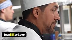 Cute blonde teen waitress gangbanged by staff in wild reality orgy