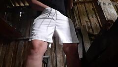 village brunette masturbates secretly in barn clothes on