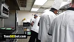 Cute blonde teen waitress gangbanged by staff in wild reality orgy