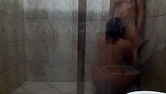 big couple enjoys steamy bathroom sex session