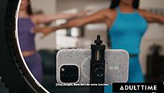 Sweaty MILF Cali Sweets Licks Sky Wonderland's Pussy Post-Workout