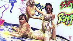 Three Huge Fake Tits Babes Lesbian Fingering Frenzy