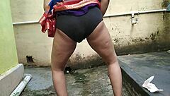 Watching mature pee in backyard leads to outdoor quickie cum on tits