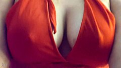 blonde in red lingerie shows big tits