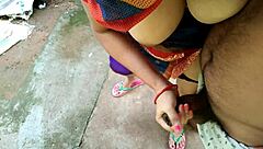 Watching mature pee in backyard leads to outdoor quickie cum on tits