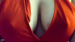 blonde in red lingerie shows big tits