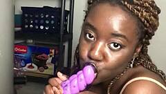 Petite ebony rides dildo till creamy pussy squirts solo!