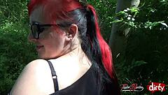 Dirty chubby BBW Taylor Burton takes massive facial cumshot outdoors in heels