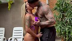 The tattooed stud pounds hot blonde babe's juicy pussy relentlessly in steamy encounter