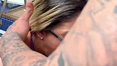 The tattooed stud pounds hot blonde babe's juicy pussy relentlessly in steamy encounter