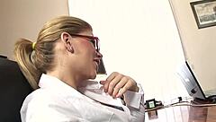 Redhead Secretary Deepthroats Glasses Heels Dirty Talk Pussy Lick