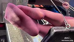 Goddess's Cute Feet Swing Teasingly In Sheer Pink Pantyhose Near Face!