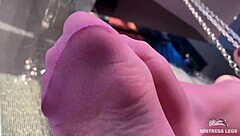 Goddess's Cute Feet Swing Teasingly In Sheer Pink Pantyhose Near Face!