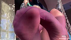 Goddess's Cute Feet Swing Teasingly In Sheer Pink Pantyhose Near Face!