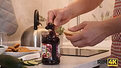 Sexy redhead rims boyfriend kitchen morning start