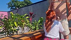 innocent redhead teen fucked outdoors in garden skirt up pov public