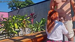innocent redhead teen fucked outdoors in garden skirt up pov public