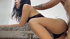 Colombian ebony creampie in kitchen rough