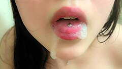 pretty japanese teen's tongue teases before swallowing cum in bath