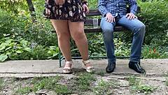 MILF's wet pussy nectar flashes outdoors in miniskirt