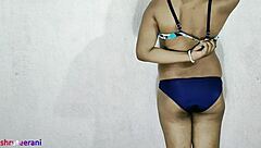 indian shemale crossdresses in blue bikini stroking big cock!