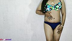 indian shemale crossdresses in blue bikini stroking big cock!