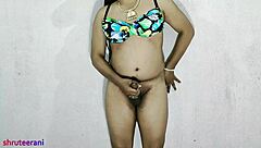 indian shemale crossdresses in blue bikini stroking big cock!