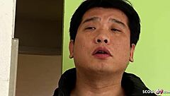 Nudist couple surprises old guy with blowjob from wife at beach.