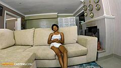 skinny black babe rides huge white cock at casting