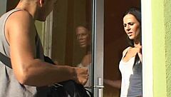 american brunette girlfriend rides cock outdoors on bench