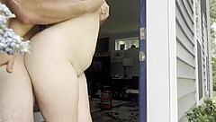 hey, watch her flash big tits and ass in public doorway