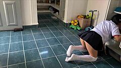 Skinny school uniform teen drenched in step pervert's massive cum load after class