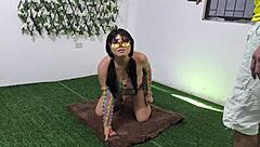 Excited newbie saritacoketa bends for big ass doggystyle pounding prepping double penetration