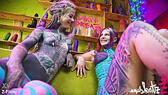 two tattooed lesbians gape asses with huge anal toys