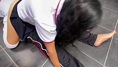 pervy guy catches petite babe washing undies and rams her tight pussy till cum covered