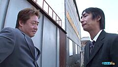 asian babe texting interrupted by colleagues' dirty deepthroat session