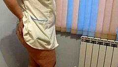 Curvy Nurse Gapes Hairy Pussy Under Gown During Break