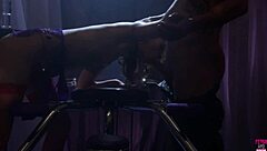 A bald stud pounds small-titted brunette in retro stockings ride.