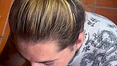 gorgeous blonde homemade blowjob ends with friend's hot load splashing her pretty face